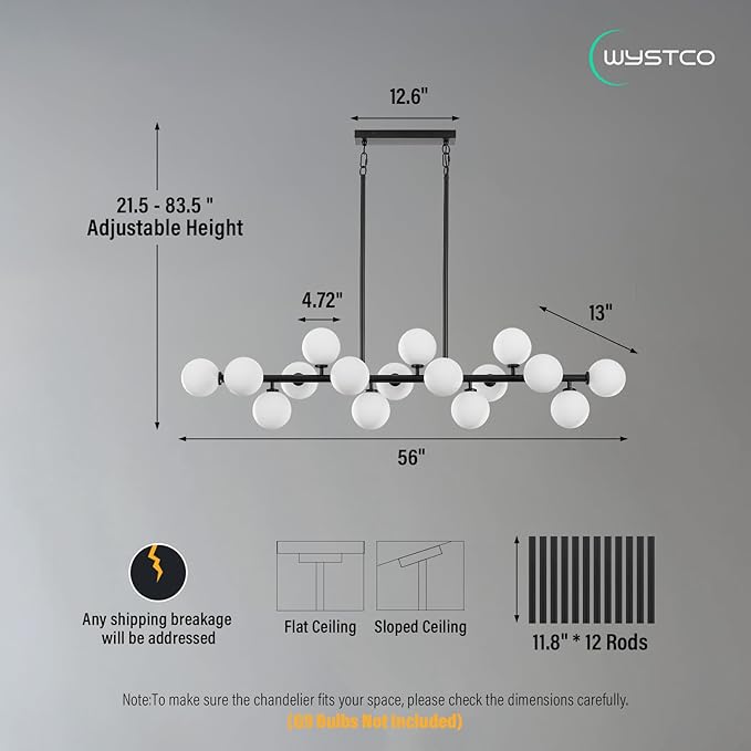 56 Inch Black Linear Chandeliers for Dining Room, Kitchen Island, Living Room, 16-Light Mid Century Modern Light Fixture Over Table, Large Milk White Glass Globe Sputnik Bubble Chandelier