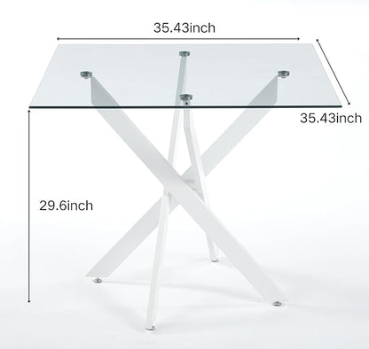 Square Glass Dining Table 35.4'' Inch Modern Square Kitchen Table with Metal Legs Durable Stylish Dinner Table for Dining Room Kitchen
