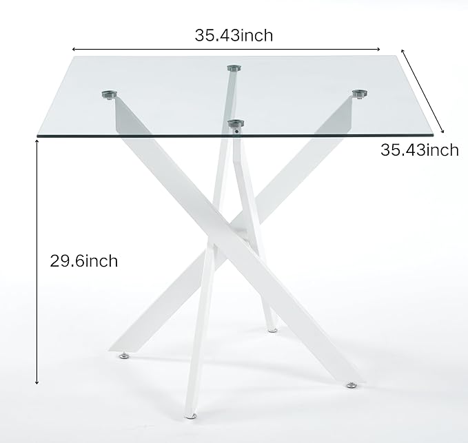 Square Glass Dining Table,Glass Dining Room Table with Metal Legs, Modern Glass Kitchen Table for Home, Kitchen, Dining Room