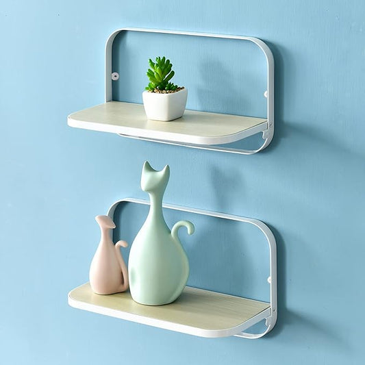 WELLAND Arlington Floating Shelves Set of 2 | Folding Display Wall Shelves | Walnut Grain Wooden Board & Metal Frame | 12" W x 5" D x 7" H | White (Upgraded)