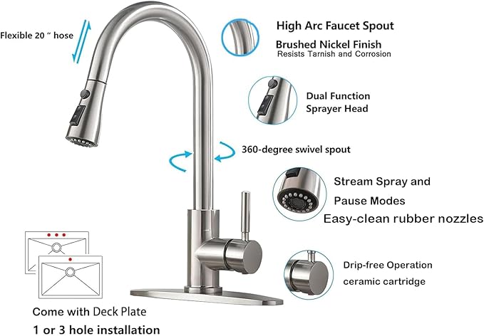 Kitchen Faucet with Pull Down Sprayer, Brushed Nickel Stainless Steel Kitchen Sink Faucet, Single Handle 1 or 3 Hole Pull Out Sink Faucet for Bar Laundry RV Farmhouse, RC-KYT010L-D