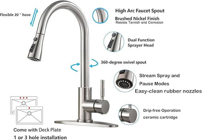 Kitchen Faucet with Pull Down Sprayer, Brushed Nickel Stainless Steel Kitchen Sink Faucet, Single Handle 1 or 3 Hole Pull Out Sink Faucet for Bar Laundry RV Farmhouse, RC-KYT010L-D