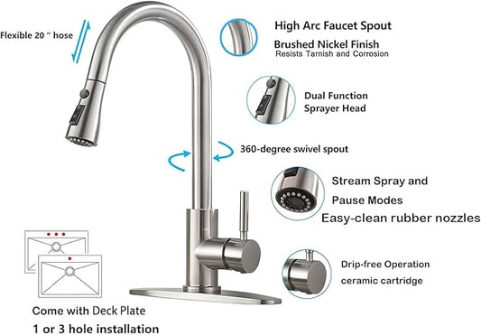 Kitchen Faucet with Pull Down Sprayer, Brushed Nickel Stainless Steel Kitchen Sink Faucet, Single Handle 1 or 3 Hole Pull Out Sink Faucet for Bar Laundry RV Farmhouse, RC-KYT010L-D