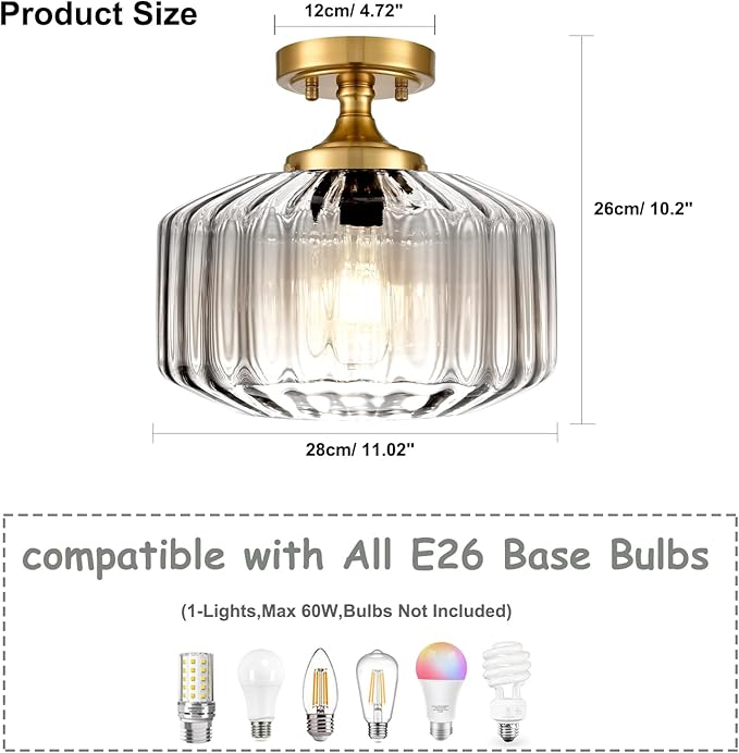 Clear Glass Ceiling Light, Vintage Seeded Glass Flush Mount Fixture with Ribbed Shade, Farmhouse Lighting for Kitchen, Living Room, Bedroom, Entryway, Bathroom