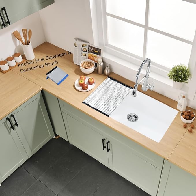 33 Inch White Undermount Kitchen Sink, 33x19 Inch Granite Composite Kitchen Sink Undermount Quartz Single Bowl Dual Mount Deep Basin with Countertop Squeegee Brush Combo