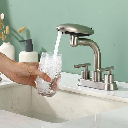TUTEW Brushed Nickel Bathroom Sink Faucet，Modern 3 Hole Bathroom Faucet 2 Handle 4 Inch Centerset with 4 Water Outlet Modes, 360° Swivel Spout & Pop-Up Drain