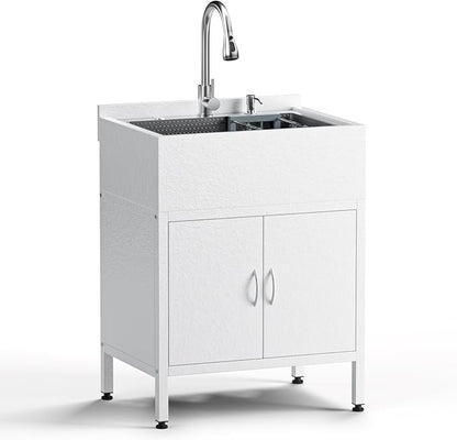 26" Freestanding Stainless Steel Utility Sink with Cabinet, Heavy-Duty Commercial Sink with Retractable Cold and Hot Water Faucet, Single-Bowl Kitchen Sink for Workshop, Garage, Laundry Room