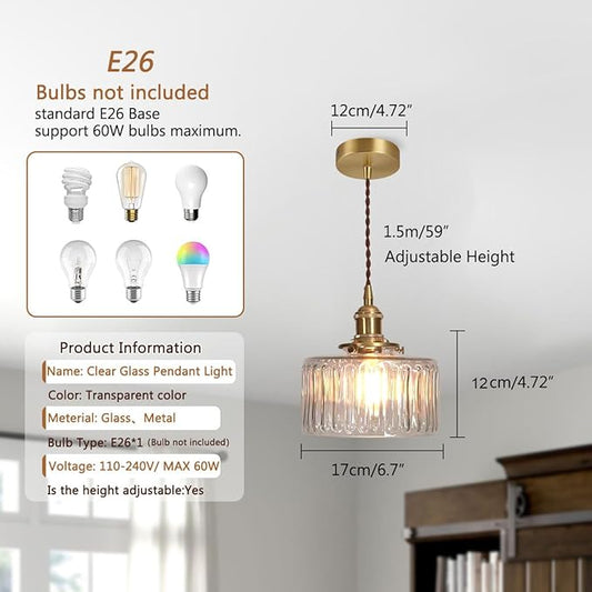 2-Pack Vintage Pendant Light Fixture Gold Pendant Lights Fixtures Clear Kitchen Island Ceiling Hanging Light Round Striped Glass Shade Farmhouse Antique Brass Hanging Pendant Lights