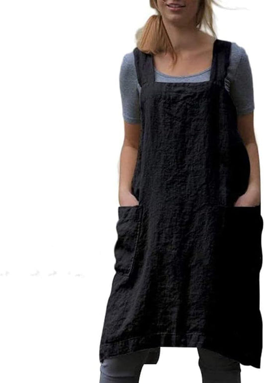 Cotton Linen Apron Cross Back Apron for Women with Pockets Pinafore Dress for Baking Cooking