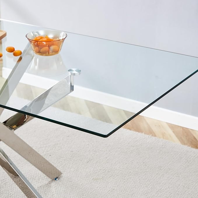 63" Modern Rectangular Glass Dining Table for 4-6, Contemporary Dining Room Table with Tempered Glass Top & Silver Finish Stainless Steel Legs for Kitchen, Home, Dining Room