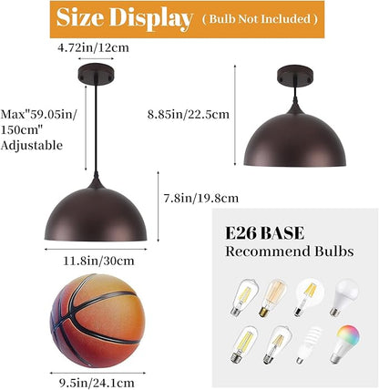 Farmhouse Pendant Light 2 Pack, Vintage Pendant Light Fixtures, Brown Kitchen Pendant Lighting, 11.8 inches Dome Kitchen Pendant Lights, Industrial Pendant Lights for Island Dining Room Bed Room