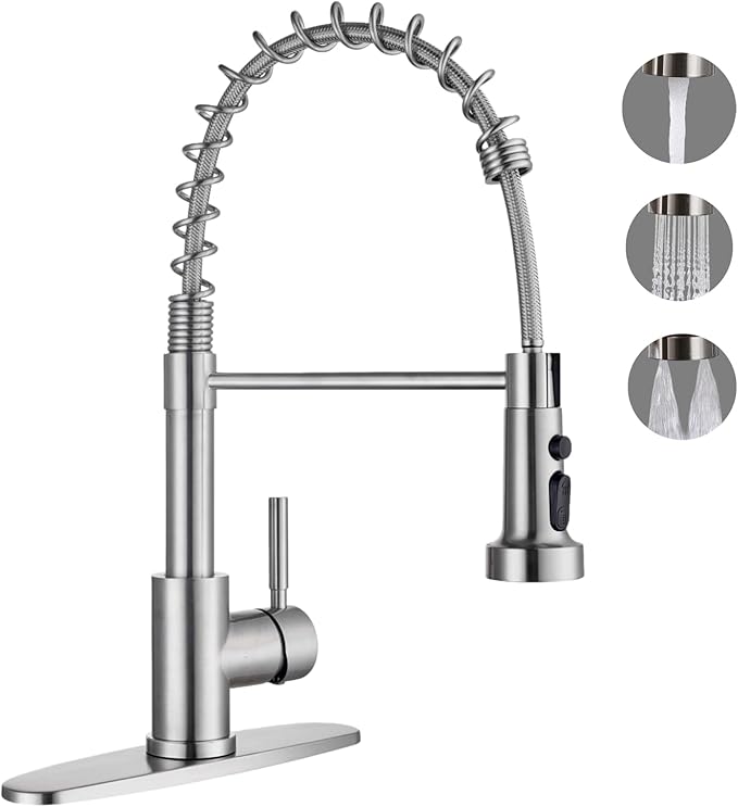 Kitchen Faucets with Pull Down Sprayer, Brushed Nickel Stainless Steel Single Handle Pull Out Spring Sink Faucet, 3 Function Sprayer 1 or 3 Hole Deck Plate for Farmhouse Laundry Rv Bar