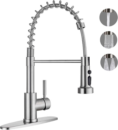 Kitchen Faucets with Pull Down Sprayer, Brushed Nickel Stainless Steel Single Handle Pull Out Spring Sink Faucet, 3 Function Sprayer 1 or 3 Hole Deck Plate for Farmhouse Laundry Rv Bar
