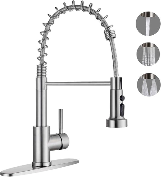 Kitchen Faucets with Pull Down Sprayer, Brushed Nickel Stainless Steel Single Handle Pull Out Spring Sink Faucet, 3 Function Sprayer 1 or 3 Hole Deck Plate for Farmhouse Laundry Rv Bar