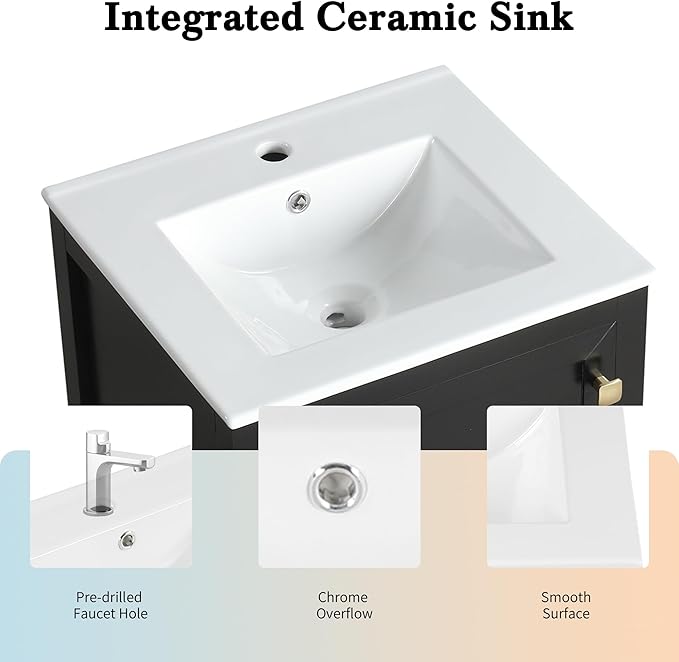 20" Bathroom Vanity with Ceramic Sink Top Set, Multi-Functional Storage Cabinet with Rack Organizer and Drawer, Soft-Closing Door, Solid Wood Frame, Black