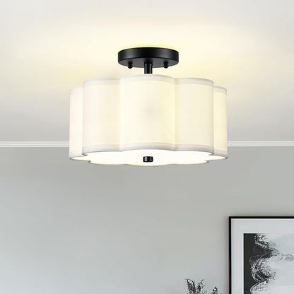 Semi Flush Mount Ceiling Lights, 3-Light 13" Ceiling Light Fixtures with Fabric Shade in Flower Shape, Matte Black Drum Lighting for Nursery Hallway Bedroom Kitchen, AD-22007-3SF-BK