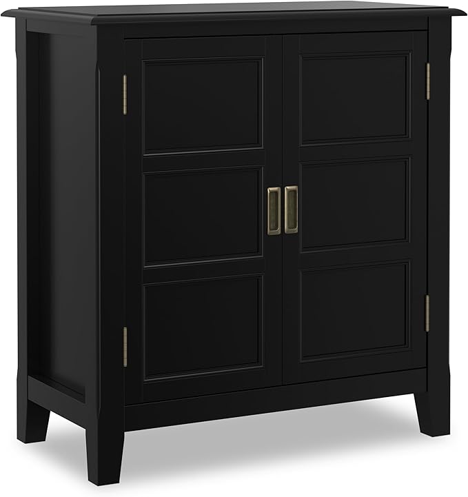 SIMPLIHOME Burlington Storage Cabinet - 30 inch Wide Solid Wood 2 Door Low Storage Unit in Black, Transitional Accent Cabinet for Living Room or Entryway with Adjustable Shelves