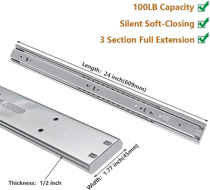 LONTAN 24 Inch Soft Close Drawer Slides 5 Pairs Side Mount Heavy Duty Cabinet Drawer Glides Ball Bearing Full Extension Kitchen Cabinet Rails 100 LB Capacity