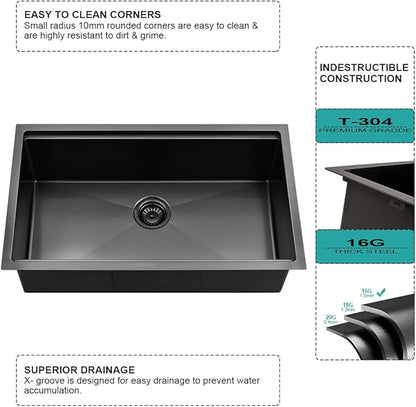 28 Inch Black Undermount Kitchen Sink Workstation-iAnomla 28x18 Kitchen Sink Undermount 16 Gauge Deep Stainless Steel Single Bowl Undermount Workstation Sink with Cutting Board