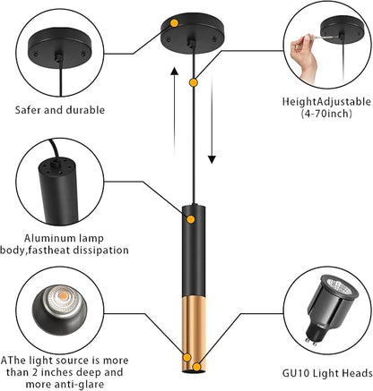 Modern Black and Gold Pendant Light Fixture for Kitchen Island, 1-Light Pendant Lighting with GU10 LED Bulb Ceiling Hanging Lights Cord Adjustable for Living Room Bedroom Dining Room