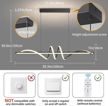 Modern LED Pendant Lights, Ceiling Chandelier Dimmable with Remote Control 3000k-6000K Adjustable Color Temperature, Aluminum Island Lighting Lamp Fixture for Kitchen, Dining Room(39in Black)