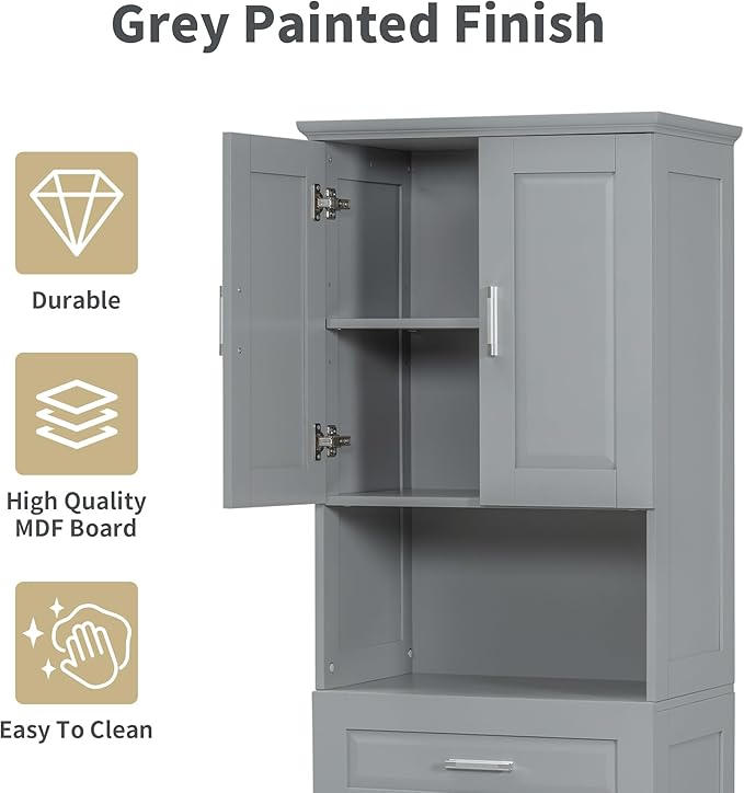 Merax 70" Tall Storage Cabinet with Laundry Hamper, 1 Drawer and Adjustable Shelf, Freestanding for Bathroom, Grey