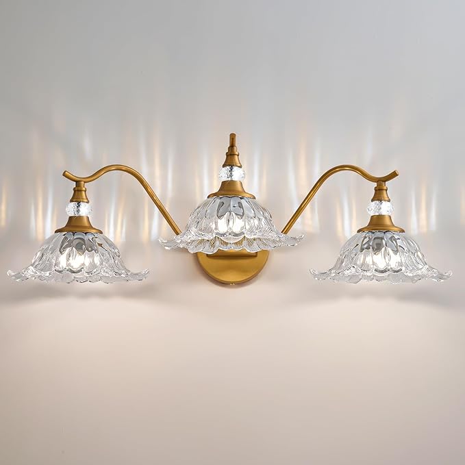 Vintage Bathroom Vanity Light Fixtures - 3 Light Antique Brass Bathroom Lights Fixture Over Mirror with Clear Flower Glass,Retro Brushed Gold Bronze Wall-Mounted Vanity Lighting for Powder Room
