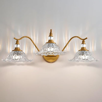 Vintage Bathroom Vanity Light Fixtures - 3 Light Antique Brass Bathroom Lights Fixture Over Mirror with Clear Flower Glass,Retro Brushed Gold Bronze Wall-Mounted Vanity Lighting for Powder Room