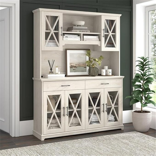 Bush Furniture Lennox 60W Farmhouse Sideboard Buffet Cabinet with Hutch in Linen White Oak | Storage Credenza for Dining Room or Kitchen Area