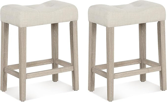 Giantex 24" Bar Stools Set of 2, Upholstered Counter Height Saddle Bar Stools with Footrest and Wood Legs, Farmhouse Button Tufted Backless Barstools for Kitchen Island, Dining Room, Cafe, Beige