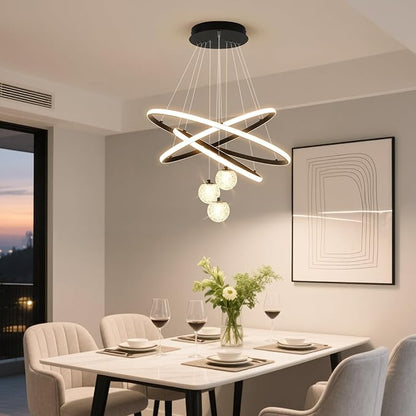 ORANOOR LED Modern 3 Ring Chandeliers for Dining Room, 24in Dimmable Kitchen Pendant Lamp, Black Dining Room Light Fixtures Ceiling Hanging Over Table, Globe Round Chandeliers for Living Room Bedroom