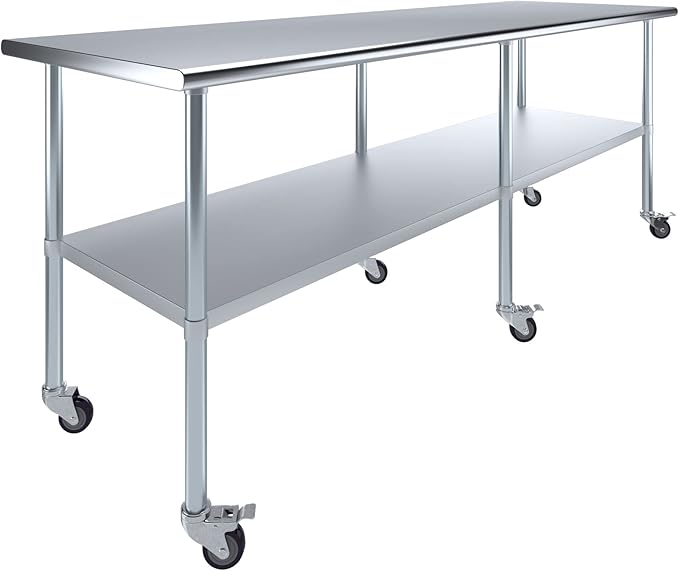 Stainless Steel Work Table with Wheels | NSF Kitchen Island Food Prep | Laundry Garage Utility Bench (Table + Wheels, 96" Long x 30" Deep)