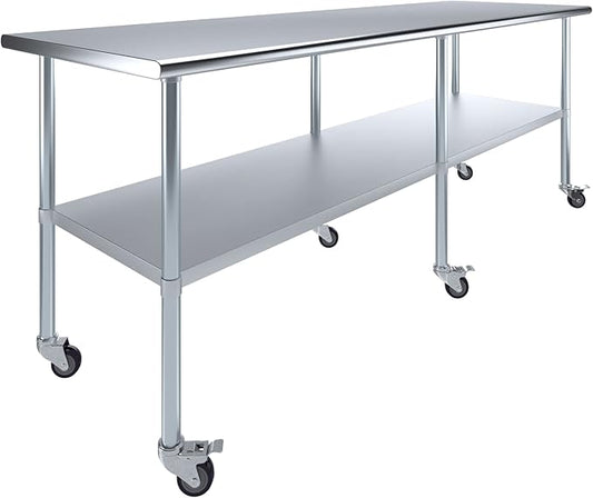 Stainless Steel Work Table with Wheels | NSF Kitchen Island Food Prep | Laundry Garage Utility Bench (Table + Wheels, 96" Long x 30" Deep)