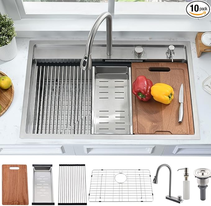 33 Inch Drop In Waterfall Kitchen Sink Workstation-Bokaiya 33x19 Drop In Kitchen Sink with Faucet Combo Stainless Steel Top Mount 16 Gauge 10" Deep Single Bowl Waterfall Sink with Soap Dispenser