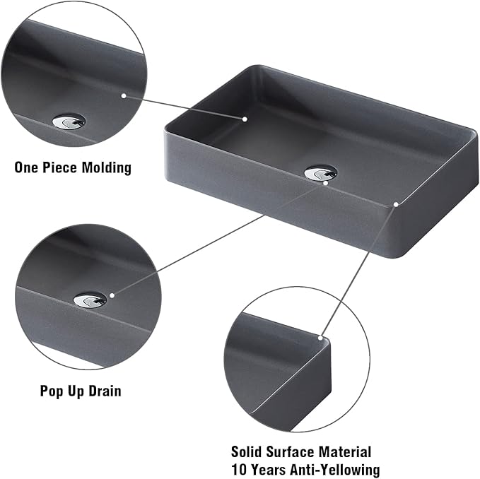 Cpingao Bathroom Vessel Sink Quartz Stone Vanity Sink Above Counter Bathroom Sink for Cabinet, Lavatory, Hotel Art Basin, Home Washing Basin with Pop Up Drain, Solid Surface Material in Matte Gray