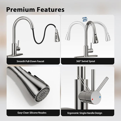 FEELSO Kitchen Faucets with Pull Down Sprayer, High Arc Stainless Steel Single Handle Kitchen Sink Faucet, 1 or 3 Hole Brushed Nickel Water Faucets for Farmhouse Laundry Camper Rv Bar