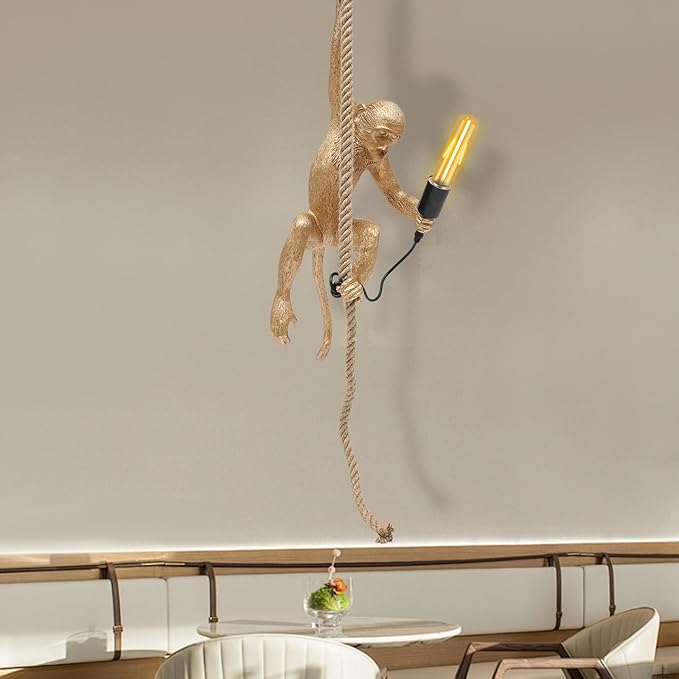 Vintage Monkey Pendant Light, 13.7 * 28.3in Industrial Retro Ceiling Pendant Lamp Fixture Vintage Resin Hemp Rope Chandelier Ceiling Pendant Lamp for Kitchens Corridors Bedrooms Dining Rooms
