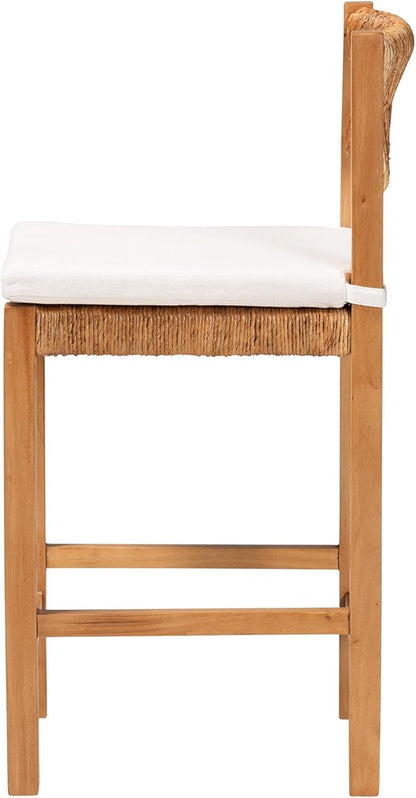 Bali & pari Pava Woven Seagrass Counter Stool - Solid Mahogany Wood Stool with Textured Back, Coastal Boho Seating for Kitchen Island, Counter Height