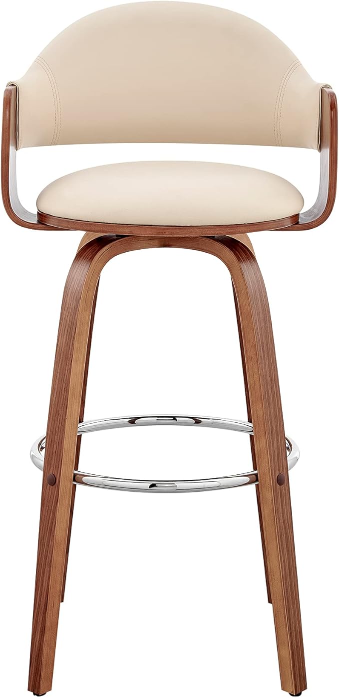 Armen Living Daxton Mid Century Modern Swivel Bar Stool for Kitchen Island Counter in Cream Faux Leather and Walnut Wood, 26" Seat Height