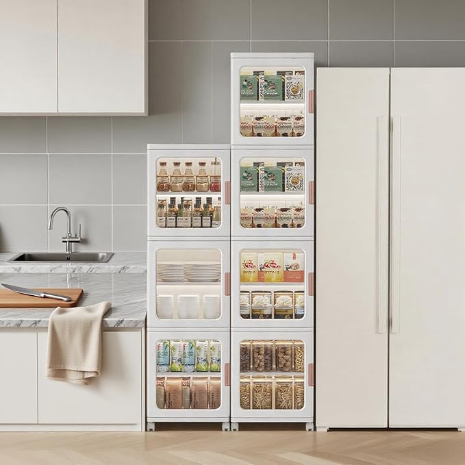 3-Tier Slim Bathroom Storage Cabinet with Doors and Movable Wheels Plastic Organizers and Storage Cabinets Small Spaces for Bathroom Pantry Kitchen Laundry Room Quick Assembly White