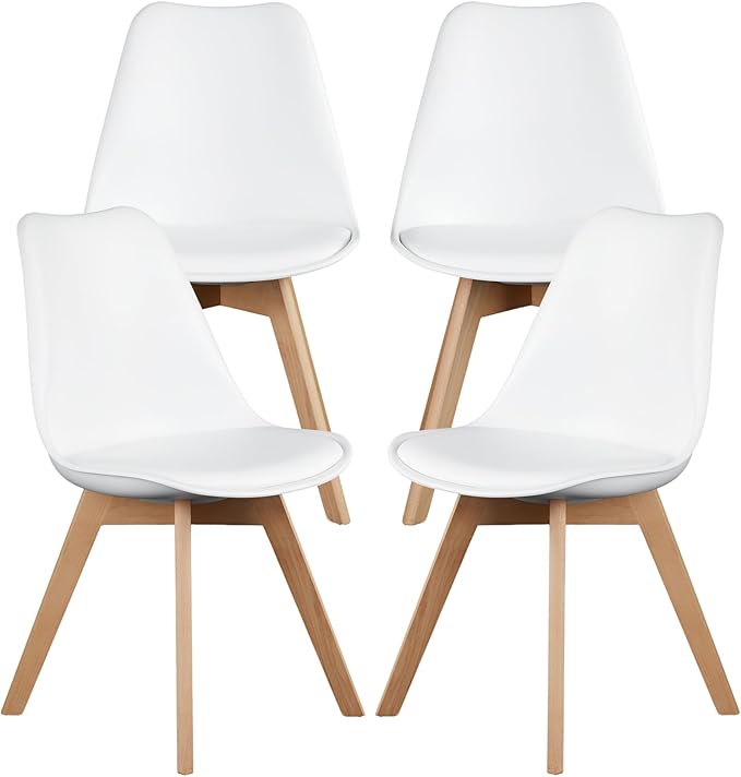 NEWBULIG Dining Chairs Set of 4, Mid Century Modern Dining Room Chairs for Kitchen, PU Leather Cushion and Upholstered Side Seating with Wood Legs for Living Rroom, Lounge, White