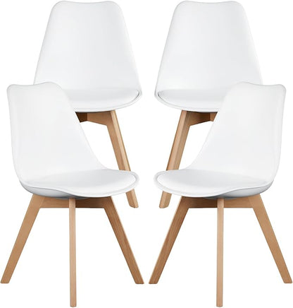 NEWBULIG Dining Chairs Set of 4, Mid Century Modern Dining Room Chairs for Kitchen, PU Leather Cushion and Upholstered Side Seating with Wood Legs for Living Rroom, Lounge, White