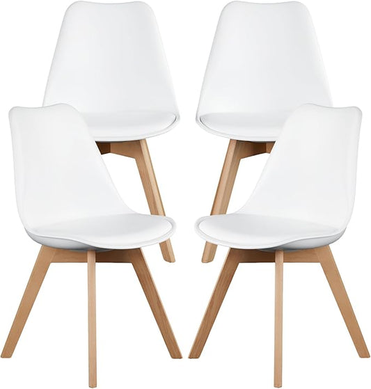 NEWBULIG Dining Chairs Set of 4, Mid Century Modern Dining Room Chairs for Kitchen, PU Leather Cushion and Upholstered Side Seating with Wood Legs for Living Rroom, Lounge, White