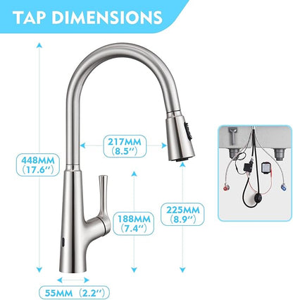 CREA Touchless Sensor Kitchen Faucet with Pull Down Sprayer, Brushed Stainless Steel Kitchen Sink Faucet, 360° Swivel Single Handle with Deck Plate for 1 or 3 Holes