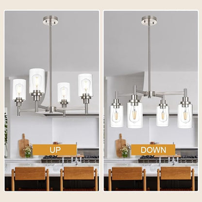 VINLUZ 4 Light Modern Chandelier Brushed Nickel Pendant Lighting Clear Glass Shades Contemporary Ceiling Light Fixtures for Dining Room Kitchen Living Room