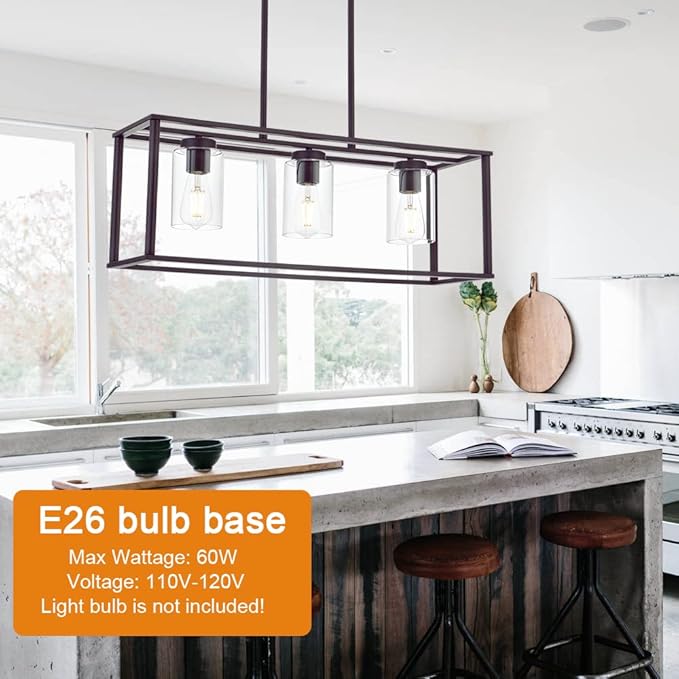 VINLUZ 3-Light Industrial Metal Large Pendant Lighting Oil Rubbed Bronze Modern Linear Chandelier with Clear Glass Shades Farmhouse Rustic Ceiling Light Fixtures Hanging for Dining Room Kitchen Island