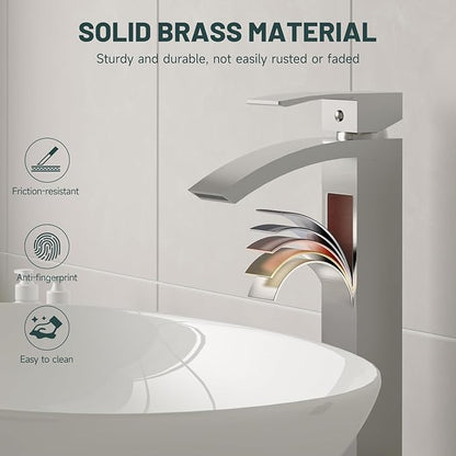 Brushed Nickel Vessel Sink Faucet, Greenspring Waterfall Bathroom Faucets, Tall Spout Single Handle Single Hole Bathroom Faucets with Pop Up Drain and Without Overflow Basin Faucet Supply Line