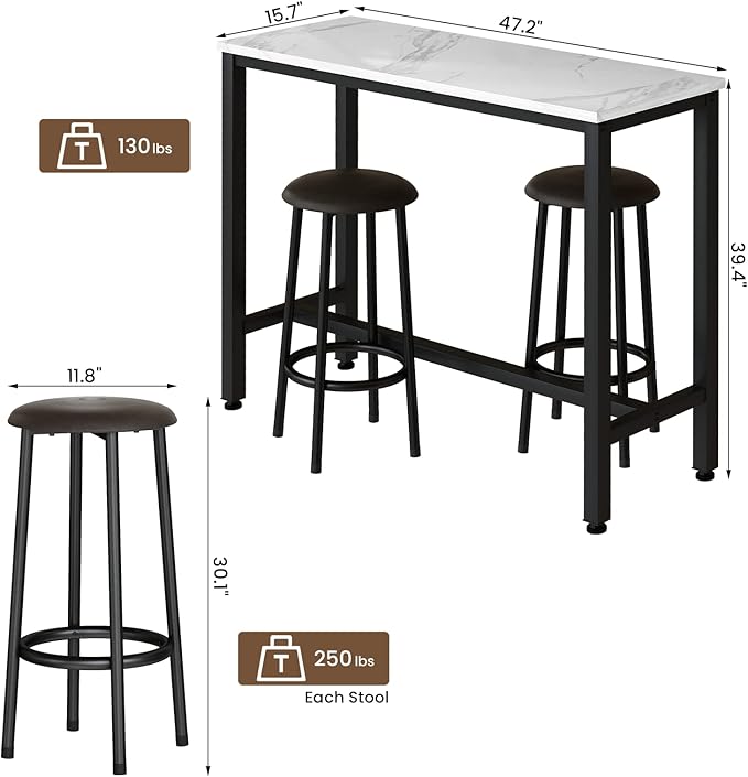 AWQM 47.2" Bar Table Set of 2,Faux Marble Pub Height Table and Chairs Set of 2 with Upholstered Stools,3 Piece Bar Table and Chairs Set Dining Table Set for Living Room,Kitchen,Bar,White & Brown