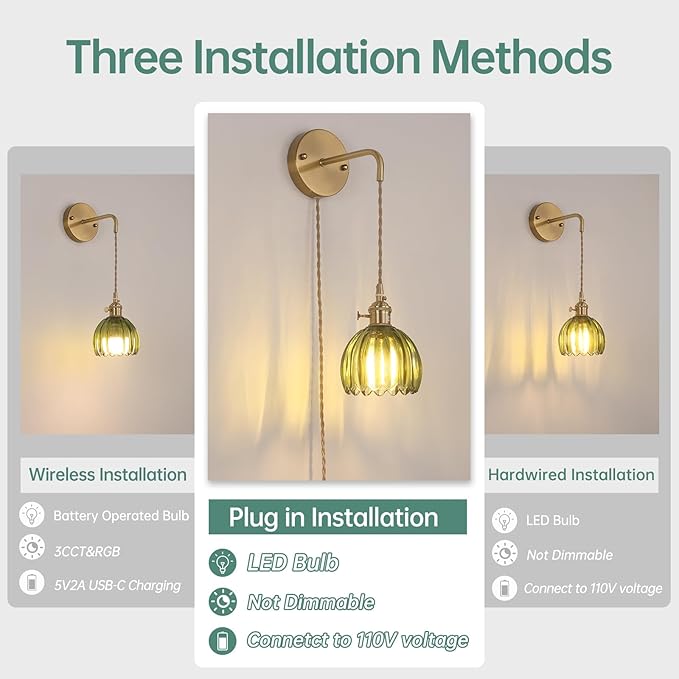 Shenmoyl Vintage Wall Sconce Wall Lamp with Green Tulip Glass Shade Hanging Wall Sconce with 4.9FT Plug in Cord, Modern Wall Lamp Fixtures Decor for Bedside Bedroom Indoor Doorway