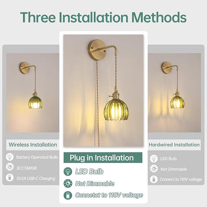 Shenmoyl Vintage Wall Sconce Wall Lamp with Green Tulip Glass Shade Hanging Wall Sconce with 4.9FT Plug in Cord, Modern Wall Lamp Fixtures Decor for Bedside Bedroom Indoor Doorway